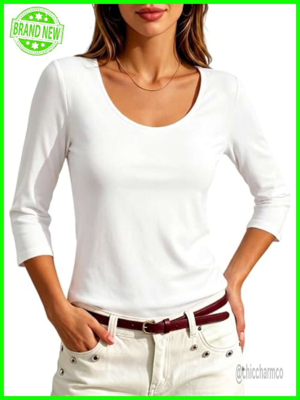 Women's 3/4 Sleeve Scoop Neck T-Shirt Cotton Blend Slim Fit Basic Tee